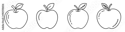 Line art illustration showcasing four stylized apples with differing leaf designs
