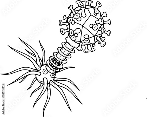 Microscopic virus particle for biological science research and laboratory molecular analysis – Black and White Vector Illustration