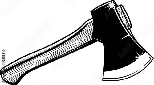 Sharp axe tool for wood chopping and forest work equipment – Black and White Vector Illustration