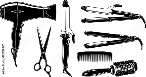 Professional hair styling tool for beauty salon and personal grooming care – Black and White Vector Illustration
