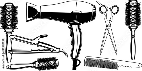 Professional hair styling tool for beauty salon and personal grooming care – Black and White Vector Illustration