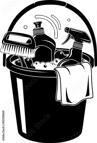 Domestic cleaning bucket for household chore hygiene and laundry maintenance – Black and White Vector Illustration