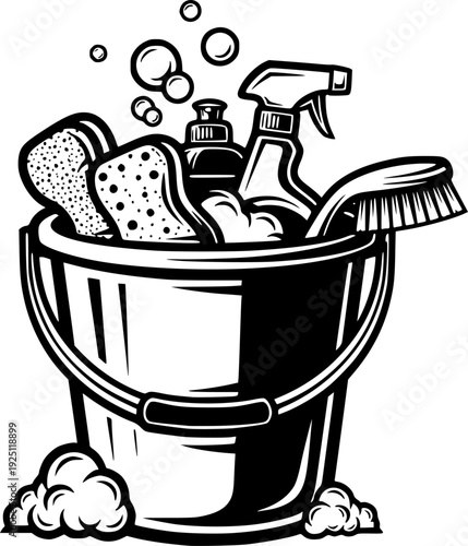 Domestic cleaning bucket for household chore hygiene and laundry maintenance – Black and White Vector Illustration