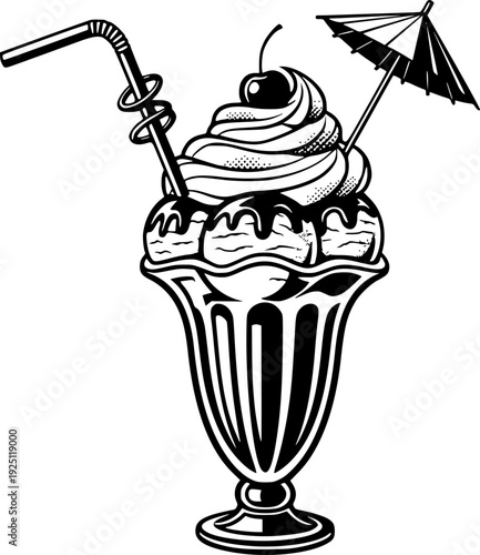 Retro ice cream sundae in tall glass with multiple scoops and straw – Black and White Vector Illustration