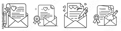 Collection of open envelopes with heart and thank you notes in outline