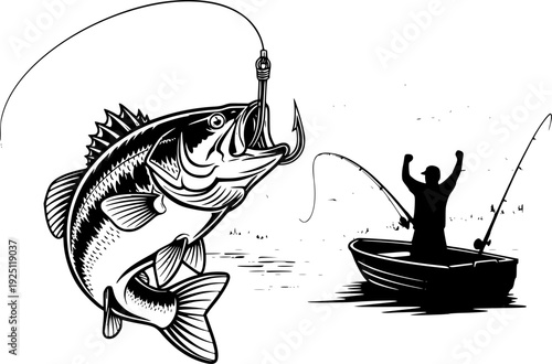 Fishing hook with fish caught for sport success and angler recreation adventure – Black and White Vector Illustration