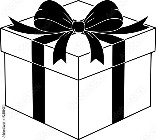Gift box with ribbon bow for celebration surprise and festive holiday occasion – Black and White Vector Illustration
