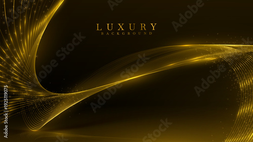 Luxury black and gold abstract background with glowing wave lines, Golden stage backdrop concept with sparkling light effect, vector illustration.