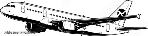 Modern Aeroplan aircraft for global travel journey and aviation transport – Black and White Vector Illustration
