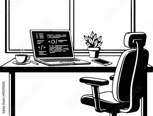 Remote work from home office with laptop for freelance business and digital communication – Black and White Vector Illustration