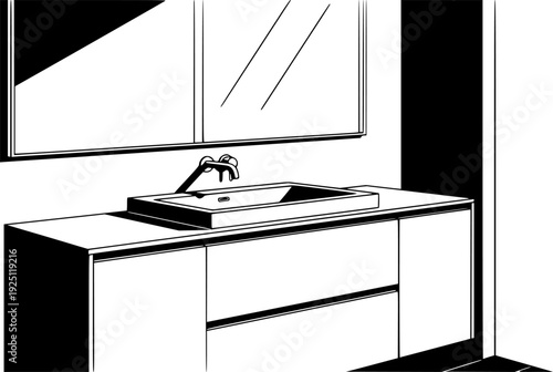 Modern bathroom vanity with sink and faucet for contemporary interior design – Black and White Vector Illustration