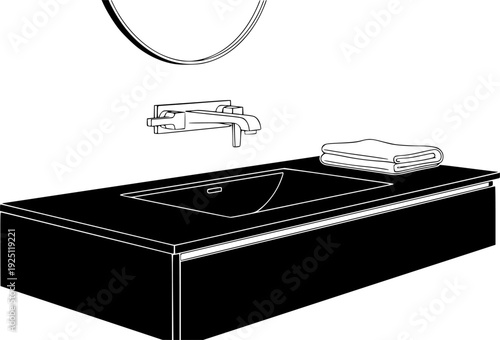 Modern bathroom vanity with sink and faucet for contemporary interior design – Black and White Vector Illustration
