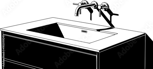Modern bathroom vanity with sink and faucet for contemporary interior design – Black and White Vector Illustration