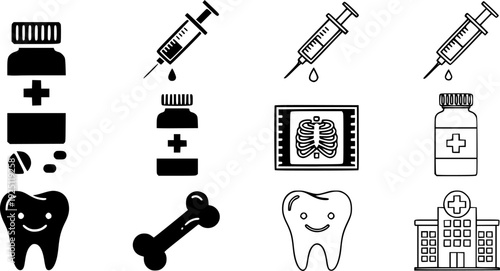 Medical and healthcare vector icon set. Solid and outline icons of medicine, injection, X-ray, bone, teeth, and hospital illustration.