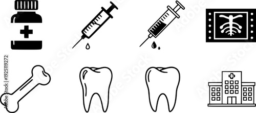 Medical and healthcare vector icon set. Solid and outline icons of medicine, injection, X-ray, bone, teeth, and hospital illustration.
