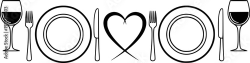 Romantic dinner table for two with heart symbol for couple date and intimate celebration – Black and White Vector Illustration