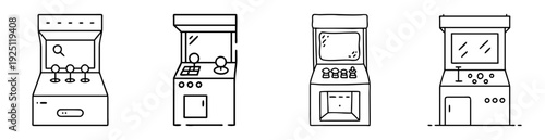 Collection of four line art style drawings of classic arcade machines