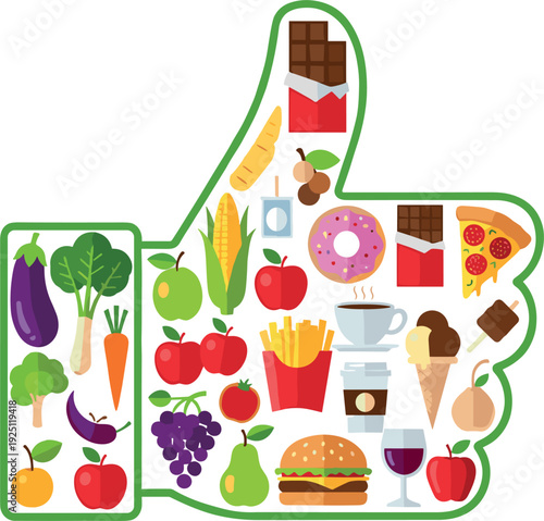 Healthy and Unhealthy Food Choice Concept with Thumbs Up Symbol Made of Fruits and Fast Food Vector Illustration