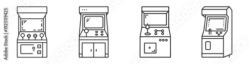 Set of line art illustration of classic arcade game machines