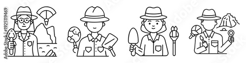Outline illustrations of archaeologists in different scenes with tools of the trade