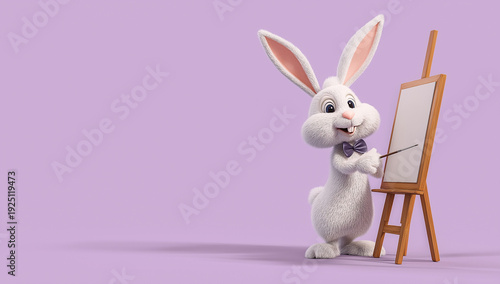 3d render of a happy, cute white bunny character with a bow tie standing next to a blank canvas on an easel and pointing at it, against a solid pastel pink background with soft lighting