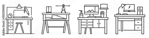 Four unique desk setups illustrations representing different work styles and aesthetics