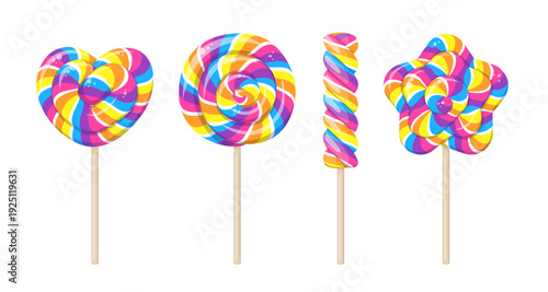 Lollipop, candies in shape of star, circle and heart on wooden stick. 3d icons of spiral sugar candies isolated on white background. Twisted lollipops with color swirls, vector illustration