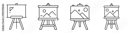 Line art illustration showcasing stages of painting progression on easels