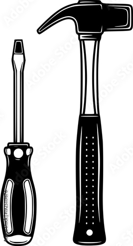 Hammer and screwdriver for construction repair and hardware maintenance equipment – Black and White Vector Illustration
