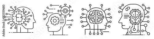 Four different human profile icons depicting artificial intelligence concepts in black and white
