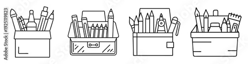 Various containers filled with artistic tools in a black outline illustration