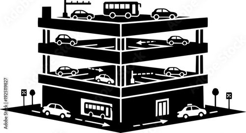 Modern multi-level parking garage for urban vehicle storage and convenient car parking – Black and White Vector Illustration