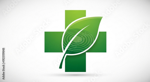 Green Medical Cross with Leaf Symbolizing Health and Wellness