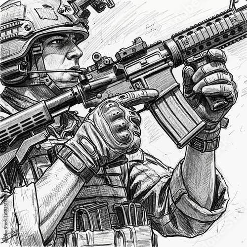 Soldier aiming rifle, tactical gear, military illustration