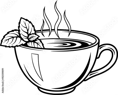 Herbal tea cup with mint leaf and hot steam for healthy organic refreshment – Black and White Vector Illustration