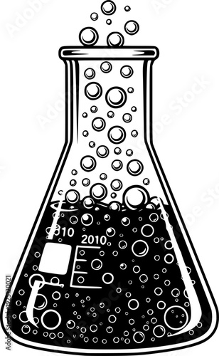 Chemistry laboratory beaker with bubbling liquid for science research and education discovery – Black and White Vector Illustration