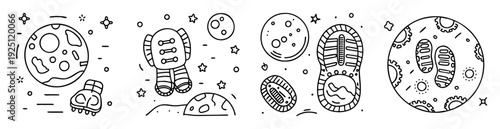 Monochrome line art drawing of lunar landings and space exploration images