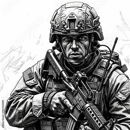 Soldier holding rifle, wearing helmet and tactical gear, close-up portrait