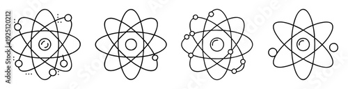 Set of simplified atom structures with various electron configurations in black outline