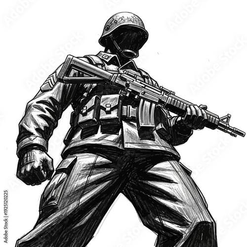 Soldier in gas mask holding rifle, dramatic sketch style