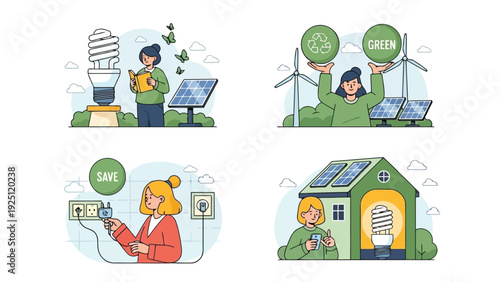 Illustrations depicting various sustainable and eco-friendly living practices