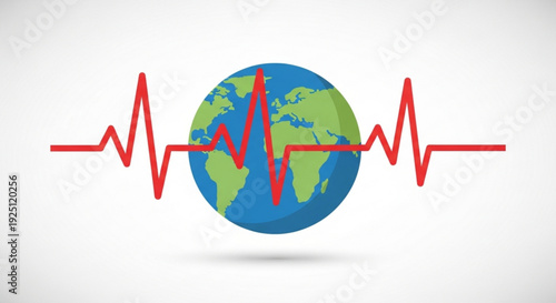 Earth with Red Heartbeat Pulse Line on White Background