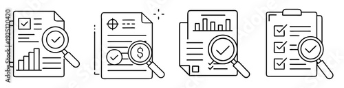 Outline illustrations representing document analysis, financial review, and checklist verification process
