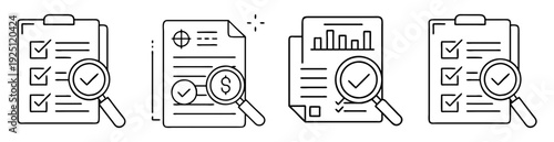 Audit checklist and paperwork review with magnifying glass icon set