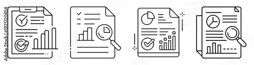 Financial reports with data analysis in paper documents, black and white