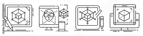 Icon set of augmented reality design and 3D modeling applications software