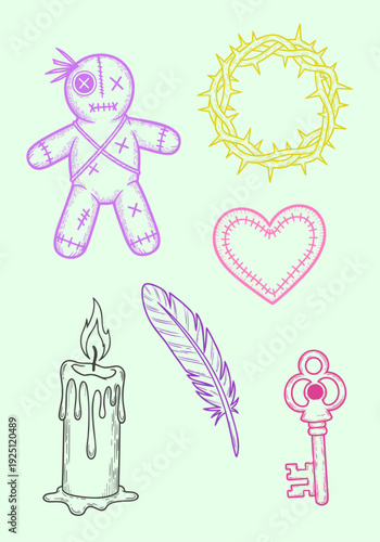 Hand-drawn collection of mystical and symbolic items including a voodoo doll, crown of thorns, stitched heart, candle, feather, and old key, vector illustration