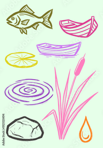Colorful vector graphic of pond and lake elements, hand-drawn with a rough brush stroke texture, including a fish, boats, lily pad, and water ripples