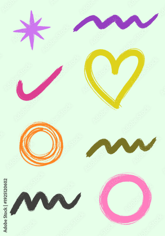 Obraz premium Colorful vector illustration of hand-drawn brush strokes with star, heart, checkmark, wavy lines, and circles, perfect for playful designs