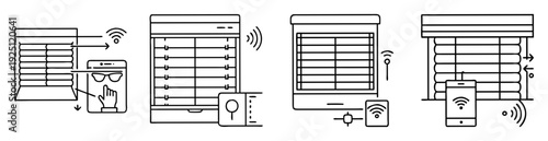 Illustrations depicting automated blinds controlled with smart devices and remote control